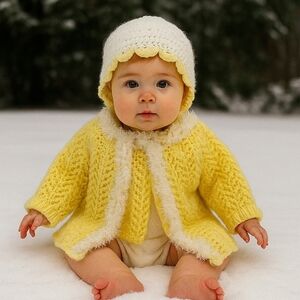 Hand Crafted Cardigan Crochet knit Set Yellow & white mesh lace knitting stitch